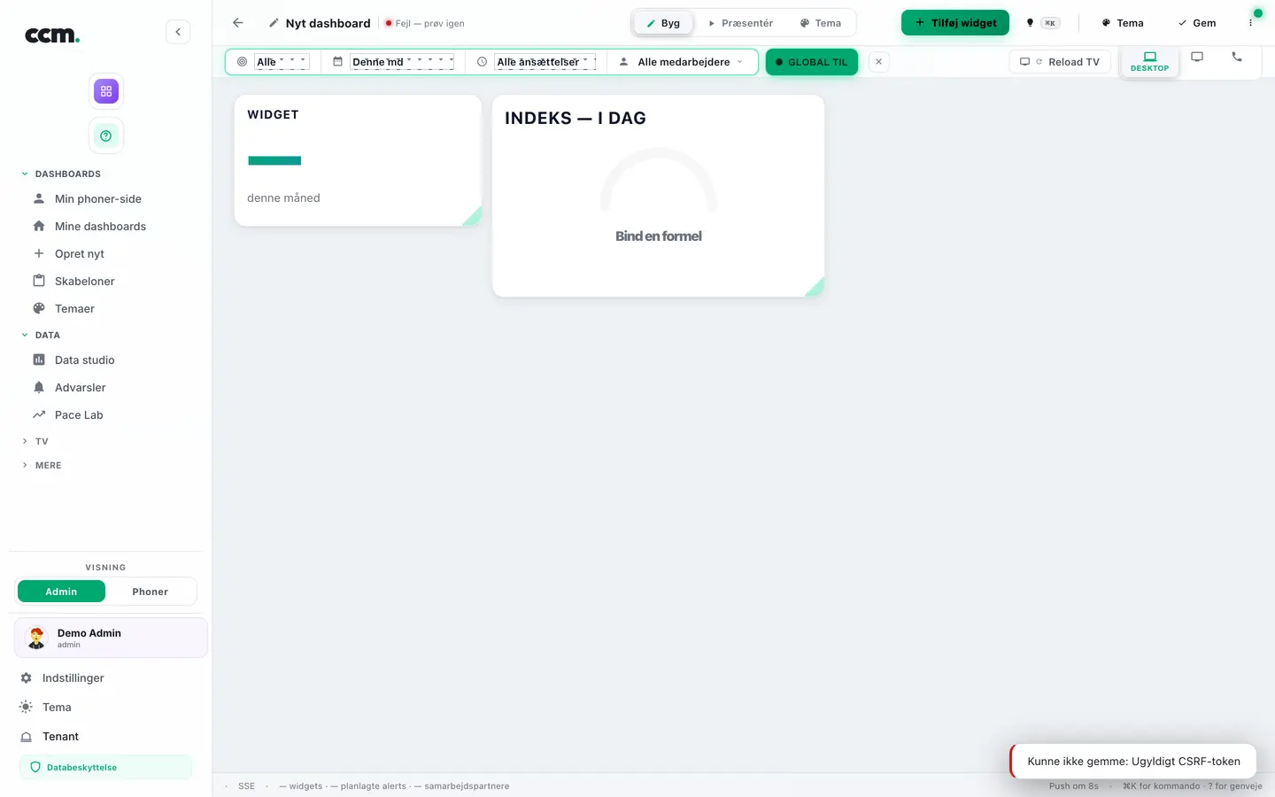Dashboard Managrs lærred med widgets placeret i editoren