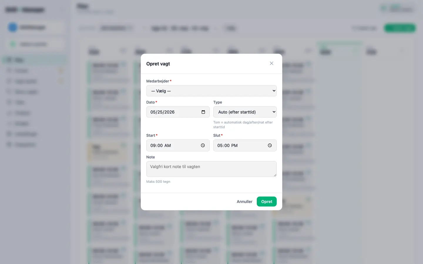 Shift Managrs dialog til oprettelse af en vagt