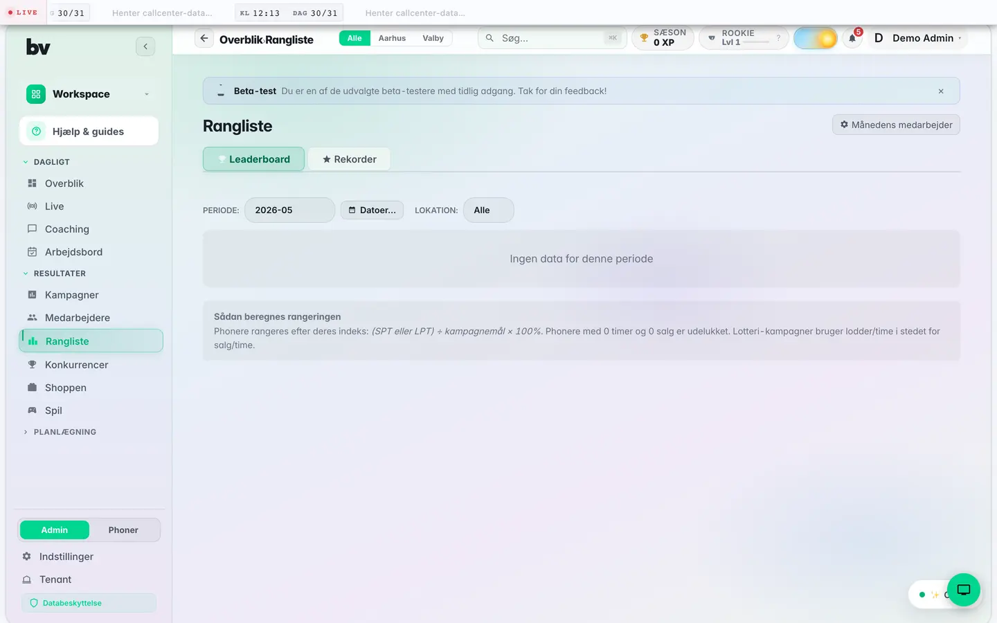 Callcenter Managrs rangliste med periodevalg og beregningsforklaring